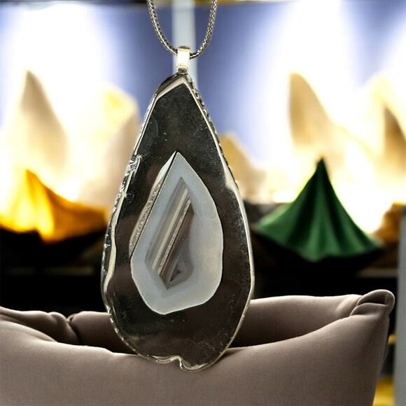 Black Polished Agate Slice Necklace ~ Stone Pendant - Picture 1 of 3